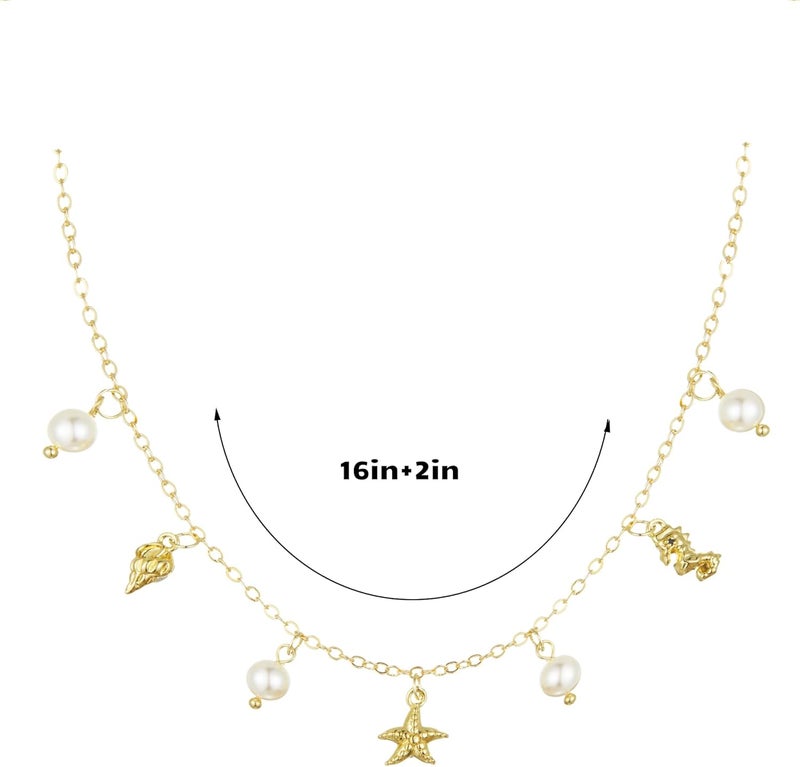 Sanyaa Seashell Starfish Necklace for Women Conch Shell Summer Pearl Beach 14k Gold Layered Dainty Choker - Image 2